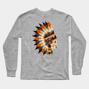 Indian Feather Headdress Tribal Skull Long Sleeve T-Shirt